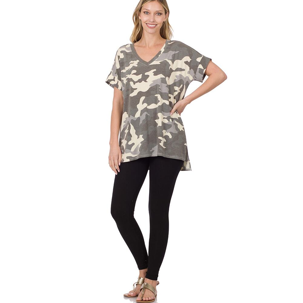 ZENANA CAMO GRAY V-NECK TOP & DRAWSTRING SHORTS SET - Picture 9 of 10